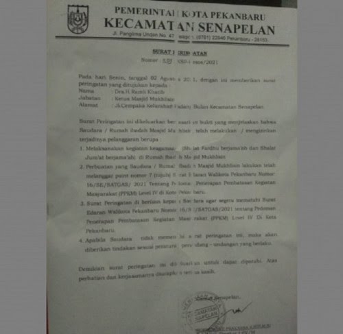 Terkait Surat Peringatan pada Pengurus Masjid, Camat Senapelan Sebut Niat Melarang Tidak Ada