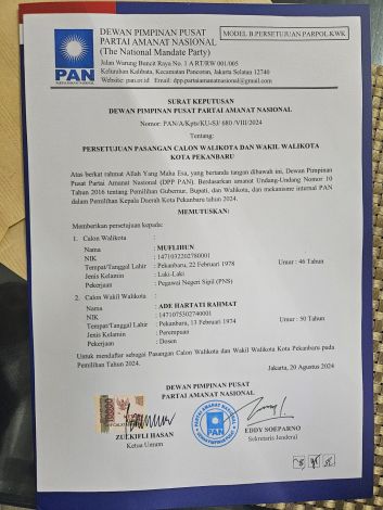 PAN Putuskan Usung Muflihun - Ade Hartati Maju Pilwako Pekanbaru