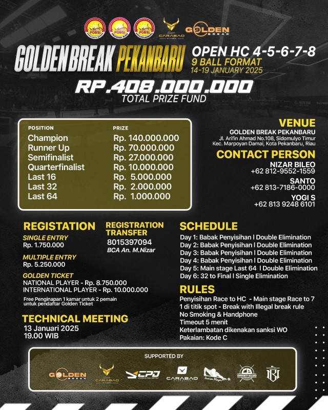 Golden Break Open Tournament Pekanbaru Siapkan Hadiah Total Rp 500 Juta