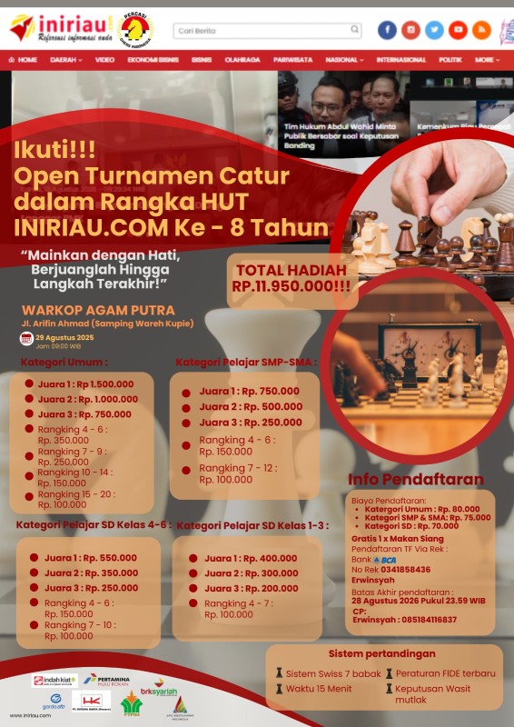 Iniriau.com Gelar Open Turnamen Catur 2026 Memperingati HUT Iniriau.com