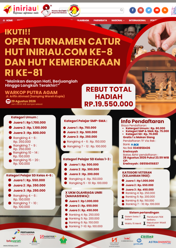 Memperingati HUT Ke-8 Tahun, Iniriau.com Gelar Open Turnamen Catur