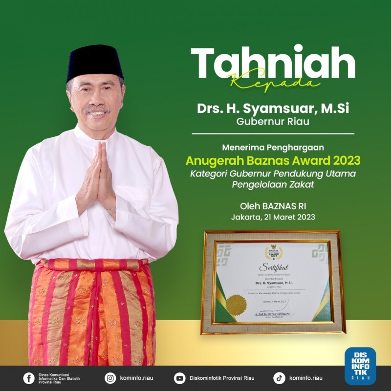 Syamsuar Raih Penghargaan Gubernur Pendukung Utama Pengelolaan Zakat Baznaz 2023