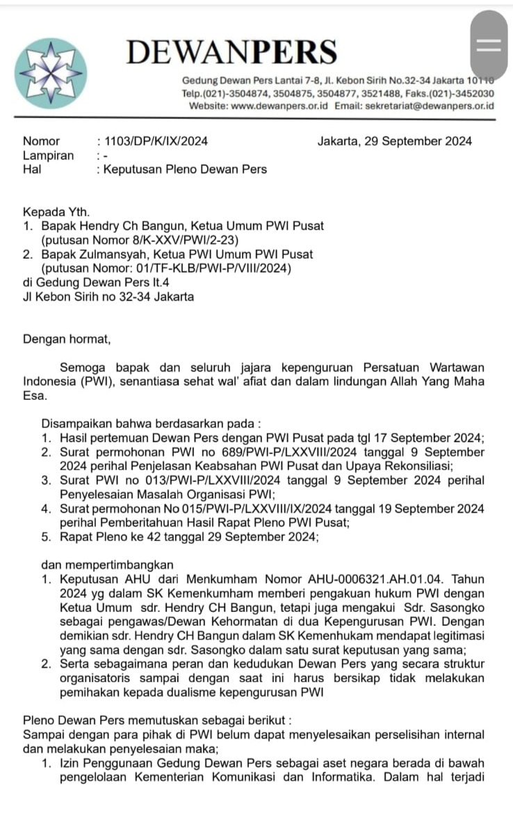 Kantor PWI Pusat Status Quo, Kubu HCB Harus Hengkang dari Gedung Dewan Pers 1x24 Jam