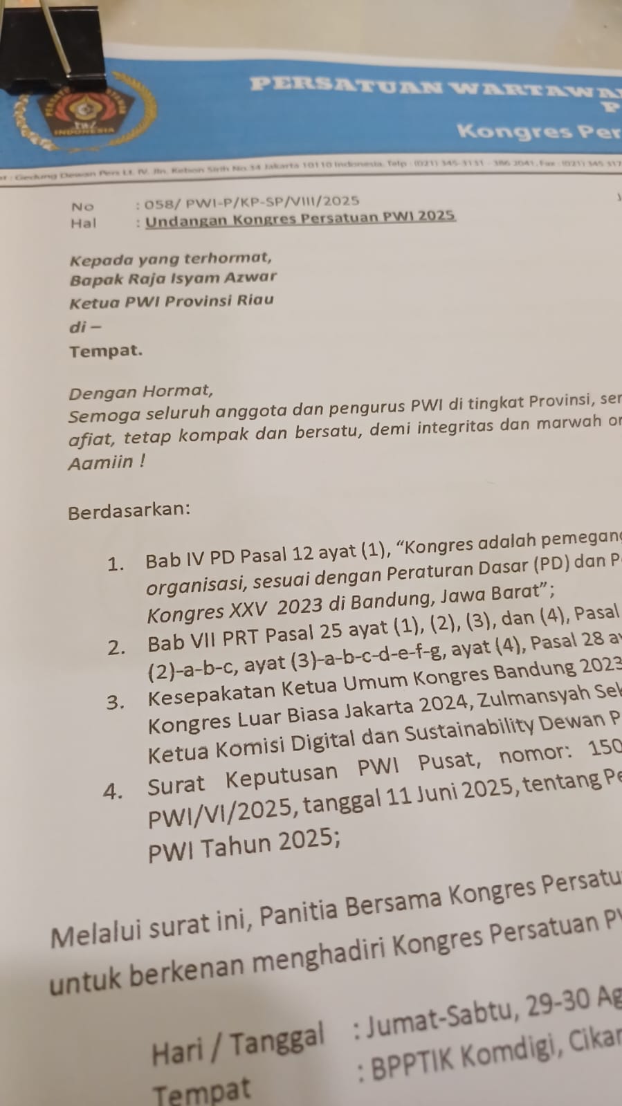 Panitia Kongres Persatuan Kirim Undangan ke 38 PWI Provinsi se-Indonesia