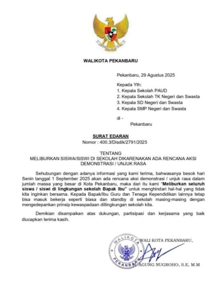 Edaran Palsu Soal Libur Sekolah Bikin Resah, Wako Pekanbaru Angkat Bicara