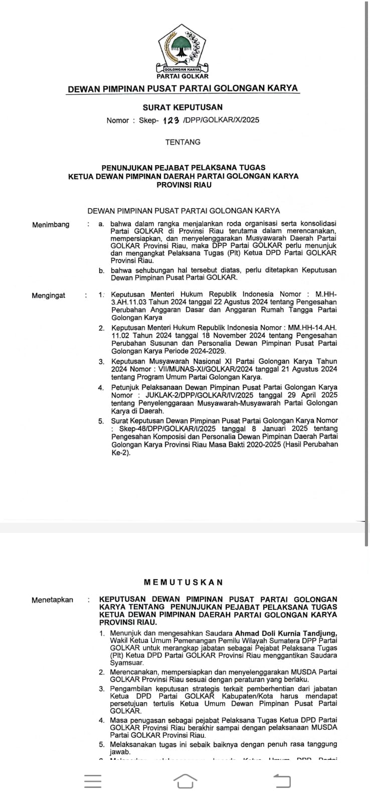 Konsolidasi Partai, DPP Tunjuk Ahmad Doli Pimpin Sementara Golkar Riau