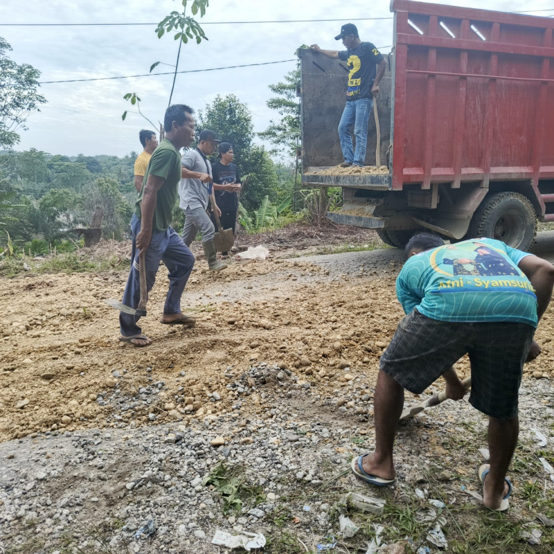 Rayakan Kemenangan, Relawan Afni-Syamsurizal Delima Jaya Gelar Bakti Sosial Timbun Jalan Berlubang