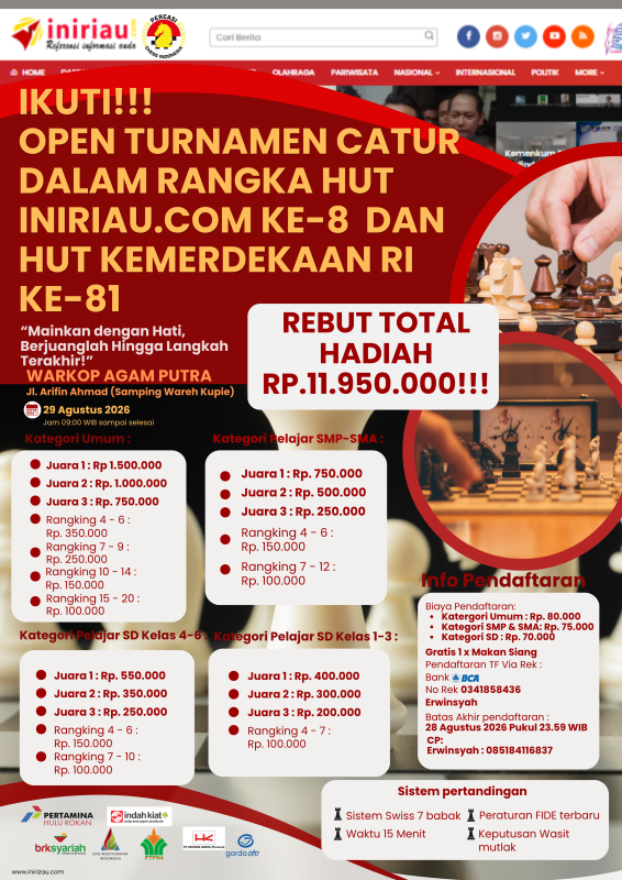 Memperingati HUT Ke-8 Tahun, Iniriau.com Gelar Open Turnamen Catur