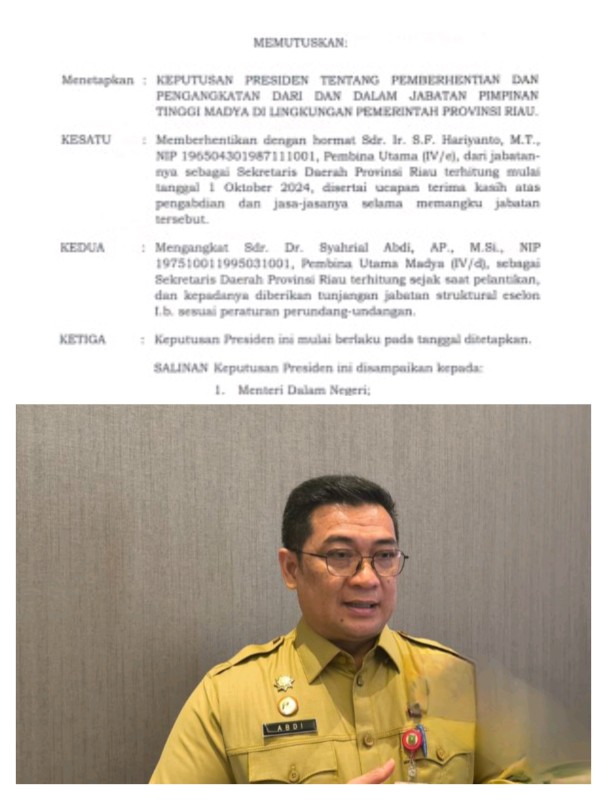 Presiden Tunjuk Syahrial Abdi Jadi Sekdaprov Riau yang Baru