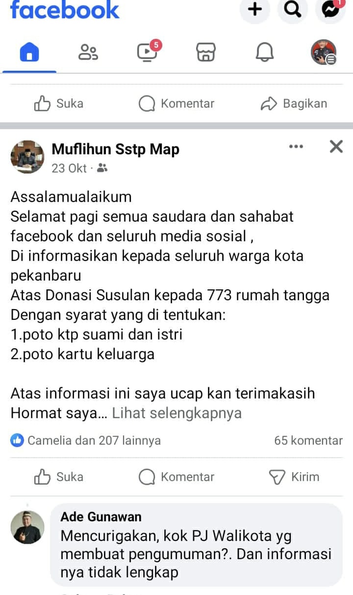 Ada Akun Palsu Muflihun, Warga  Pekanbaru Diminta Segera Blokir