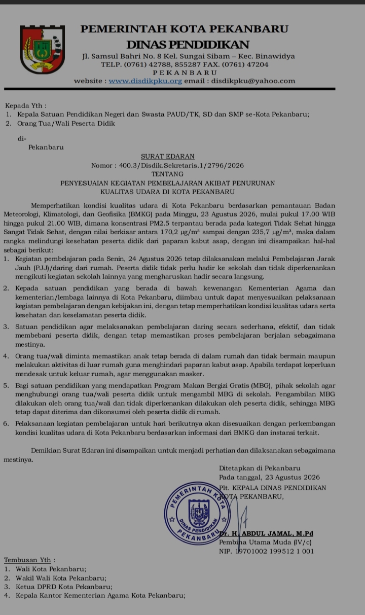 Udara Pekanbaru Tidak Sehat, Disdik Terapkan Pembelajaran Jarak Jauh