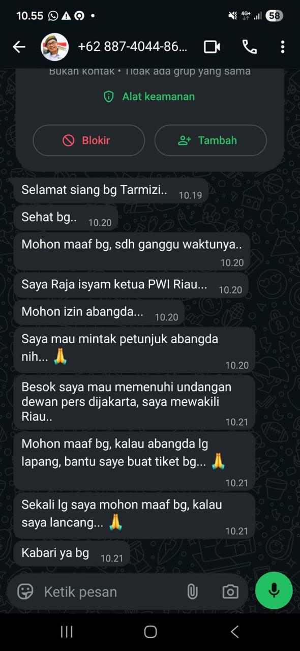 Nama Ketua PWI Riau Dicatut, Modus Minta Uang Tiket di Akun WhatsApp