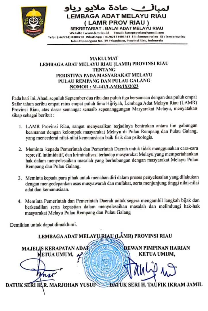 LAMR Keluarkan Maklumat Soal Bentrokan di Rempang dan Galang Kepri