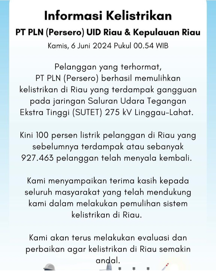 PLN Berhasil Pulihkan 100 Persen Pasokan Listrik di Riau