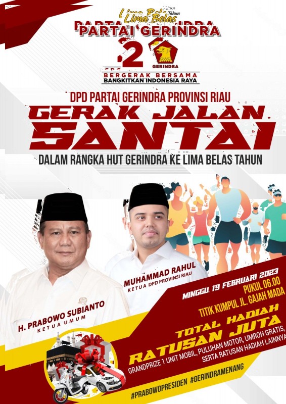 Jalan Santai HUT ke 15 Gerindra di Riau Bertabur Hadiah Menarik