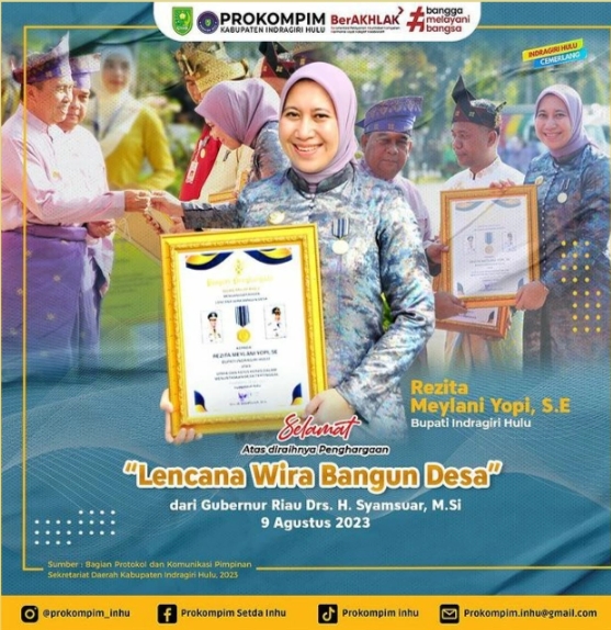 Bupati Inhu Rezita Meylani Terima 2 Penghargaan di Hari Jadi Riau ke 66