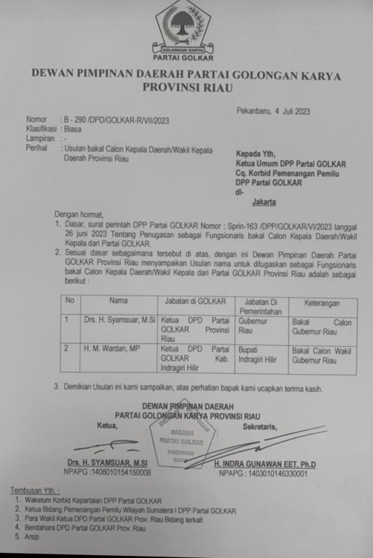 Golkar Riau Usulkan Wardan Dampingi Syamsuar di Pilgubri 2024