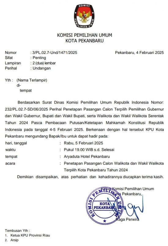 Malam Ini, Pleno Terbuka Penetapan Walikota dan Wakil Walikota Pekanbaru Terpilih