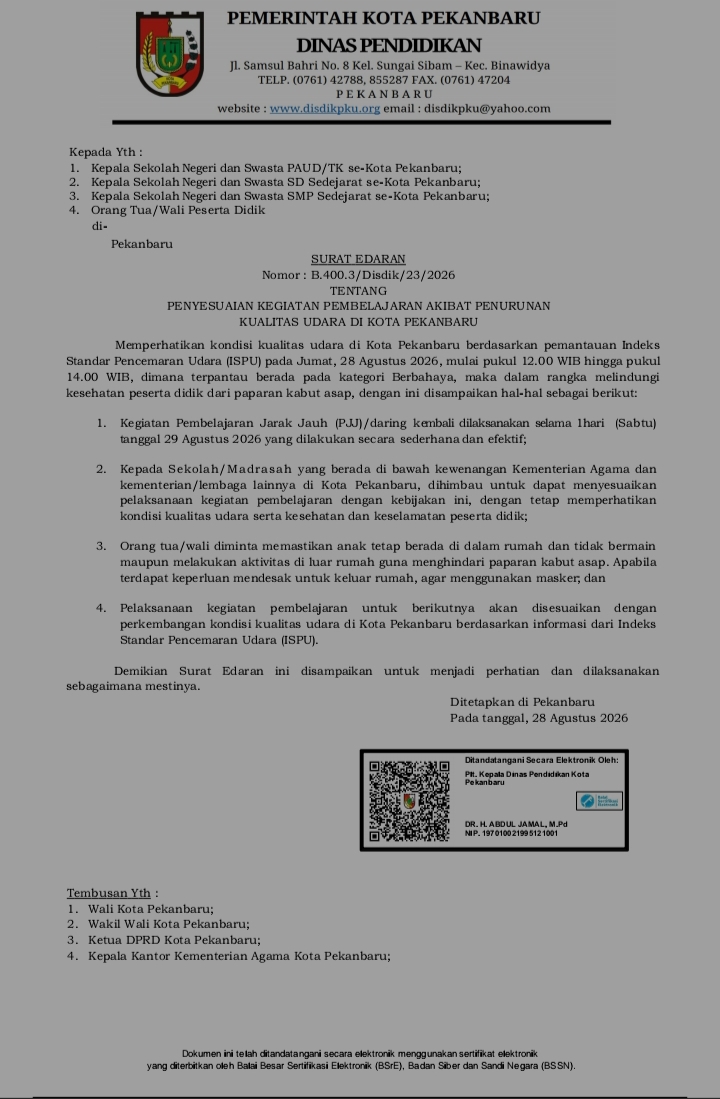 ISPU Masuk Kategori Berbahaya, Disdik Pekanbaru Perpanjang PJJ bagi Siswa