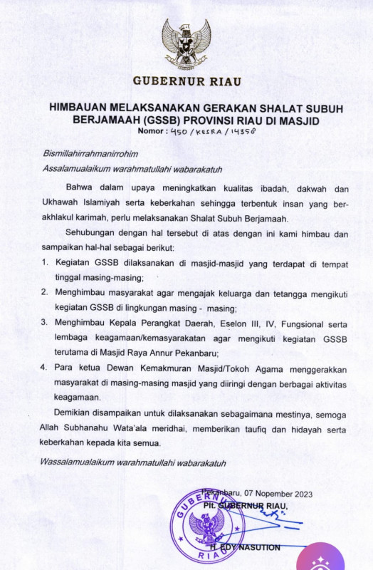 Plt Gubri Keluarkan Dua Surat Imbauan Soal GSSB dan Sholat Berjamaah