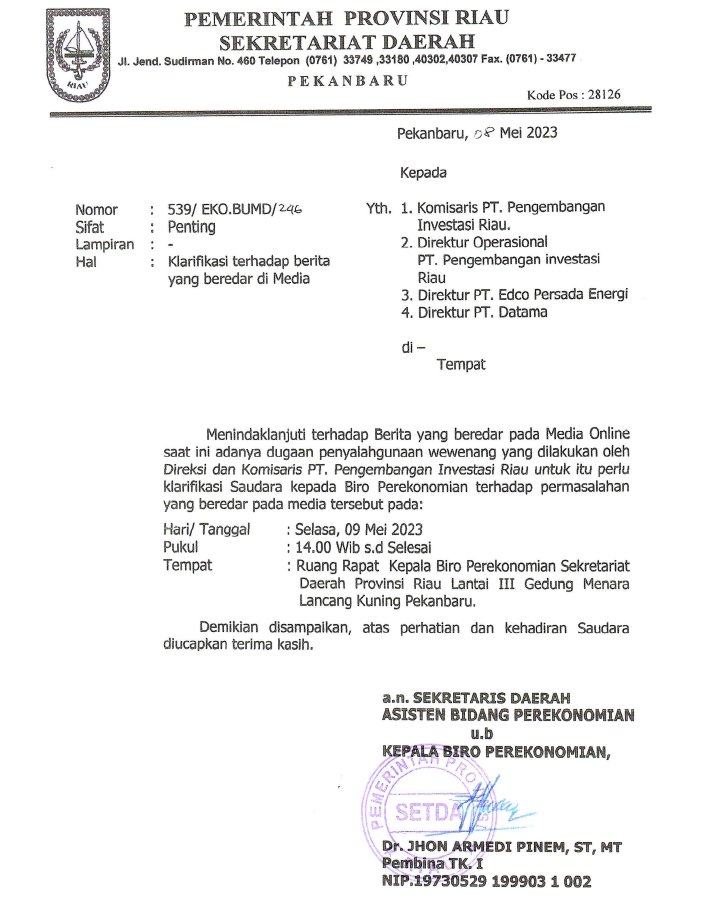 Marak Berita Dugaan Penyalahgunaan, Pemprov Riau Panggil Petinggi PT PIR
