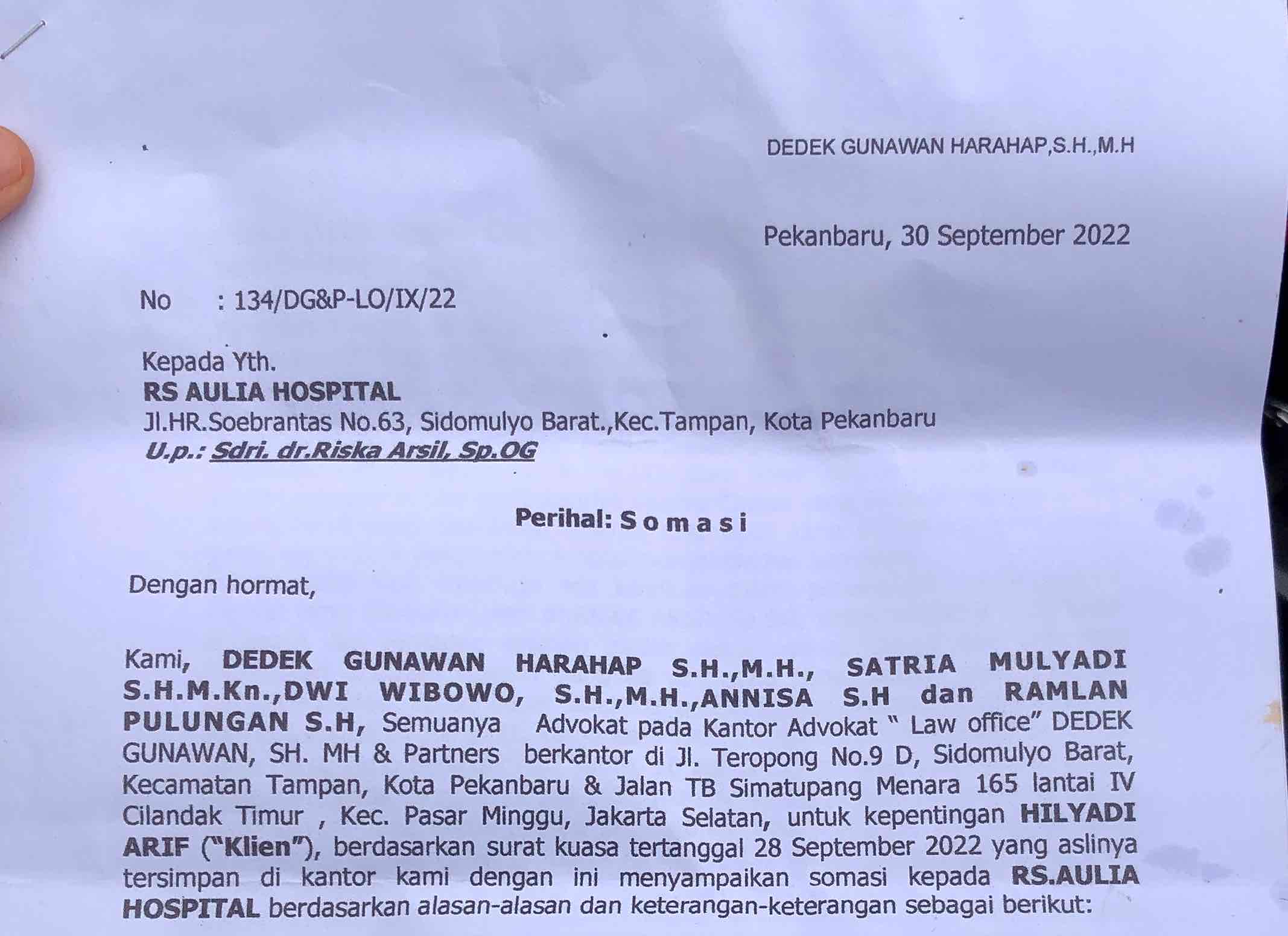 Kuasa Hukum Korban Dugaan  Malapraktik Aulia Hospital Lanjutkan Kasus ke Polda Riau