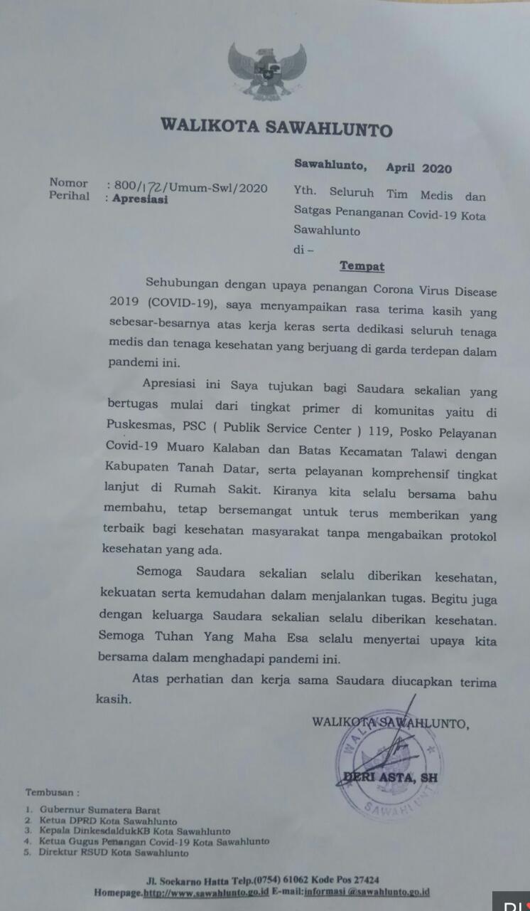 Satgas & Tim Medis Jadi Titik Tumpu Pencegahan dan Penanganan COVID - 19, Walikota Deri Asta Kirimkan Surat Apresiasi