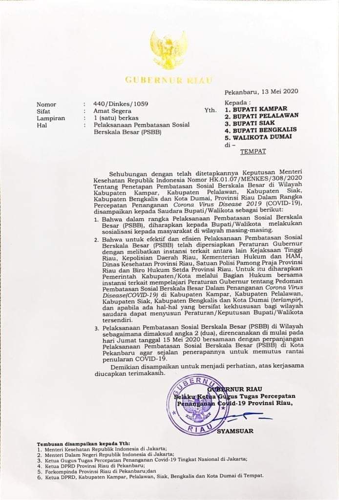 Gubri Minta Lima Kepala Daerah Sosialisasikan PSBB Ke Masyarakat
