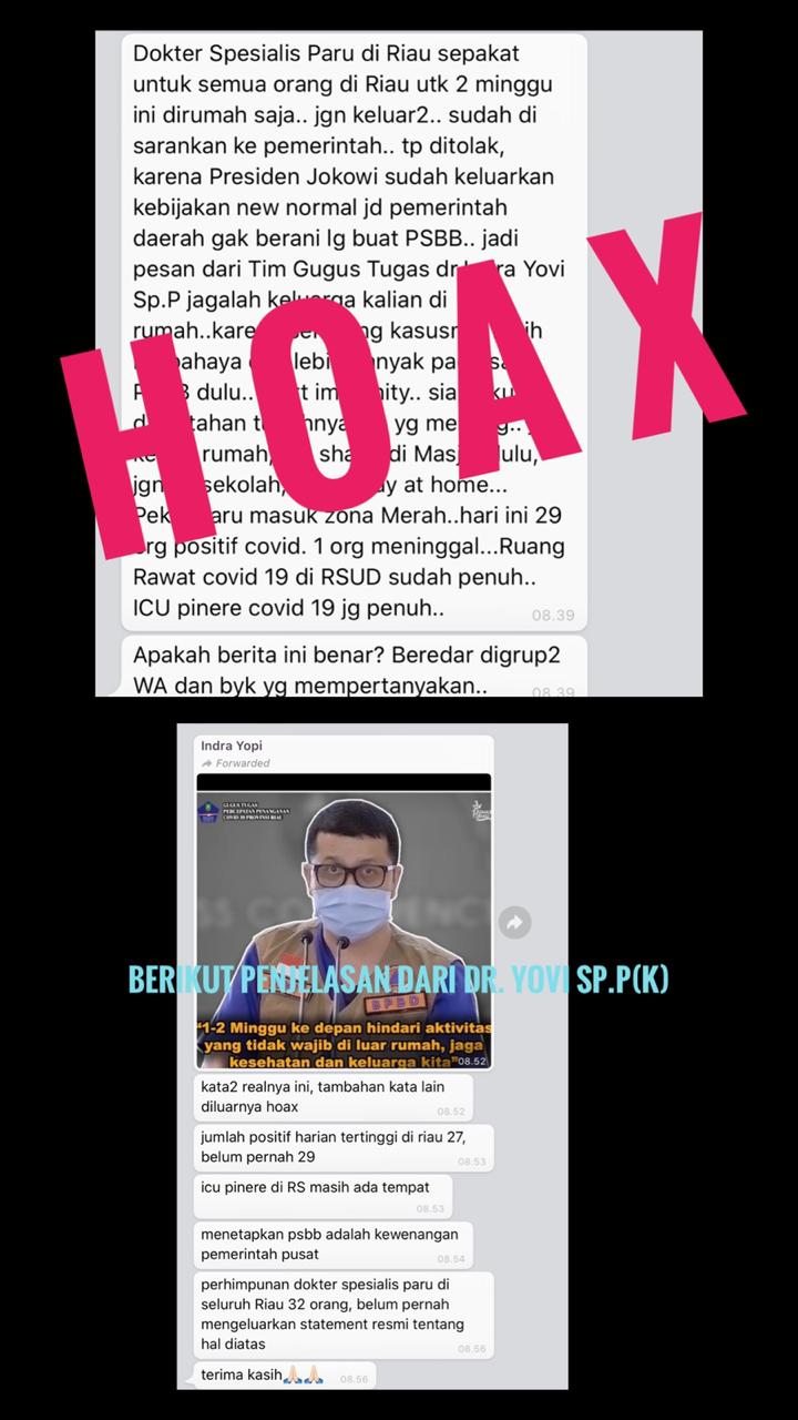Jubir Covid-19 Riau : Jangan Mudah Percaya, Informasi Hoax Banyak Beredar di Grup WA