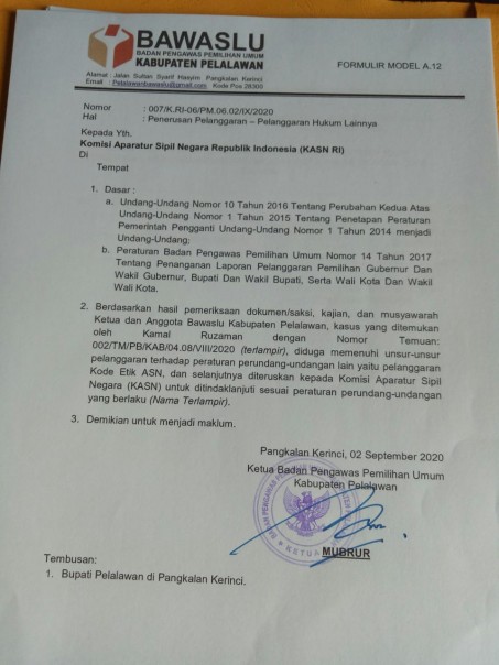 Langgar Undang-undang, Bawaslu Laporkan Oknum ASN Pelalawan ke KASN