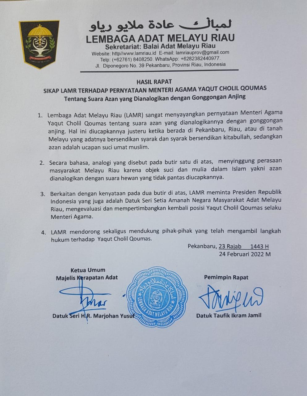 Ini 4 Pernyataan Sikap LAM Riau Terkait Ucapan Menag di Bumi Lancang Kuning