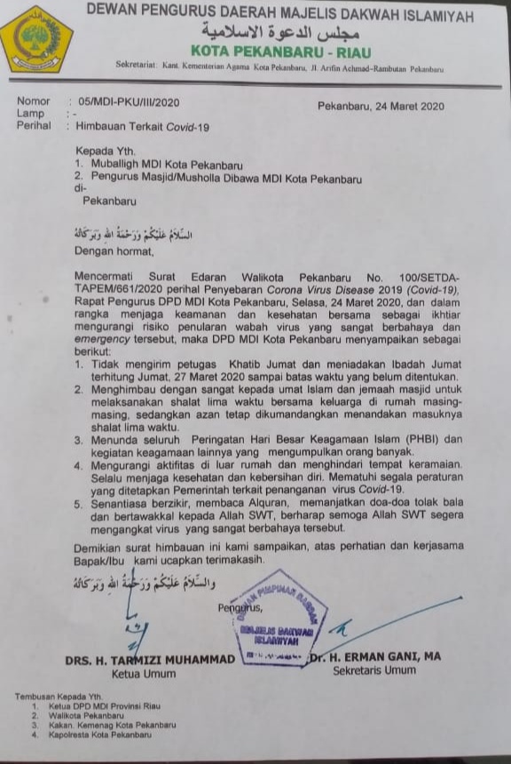 MDI Pekanbaru Keluarkan Surat Edaran Umat Islam Sholat Berjamaah di Rumah