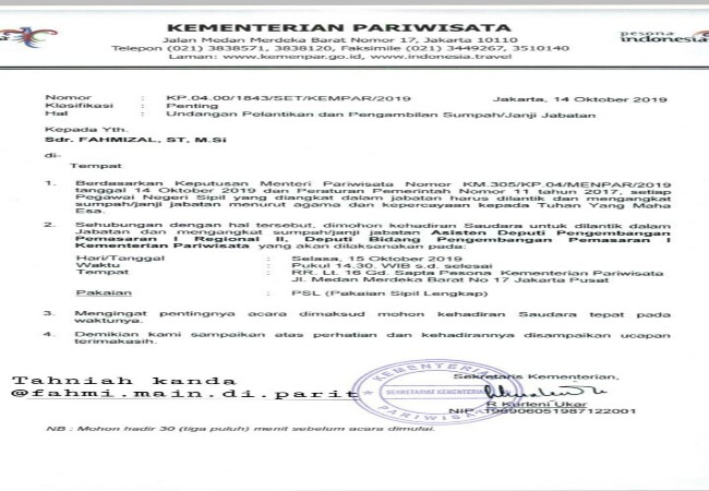 Fahmizal Usman Besok Dilantik Sebagai Asisten Deputy Pengembangan Pemasaran Kemenpar RI