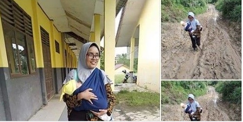 Gendong Bayi Lewati Lumpur Demi Mengajar