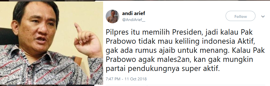 Andi Arief celoteh di Medsos, â€œPrabowo Kurang Serius mau jadi Presidenâ€