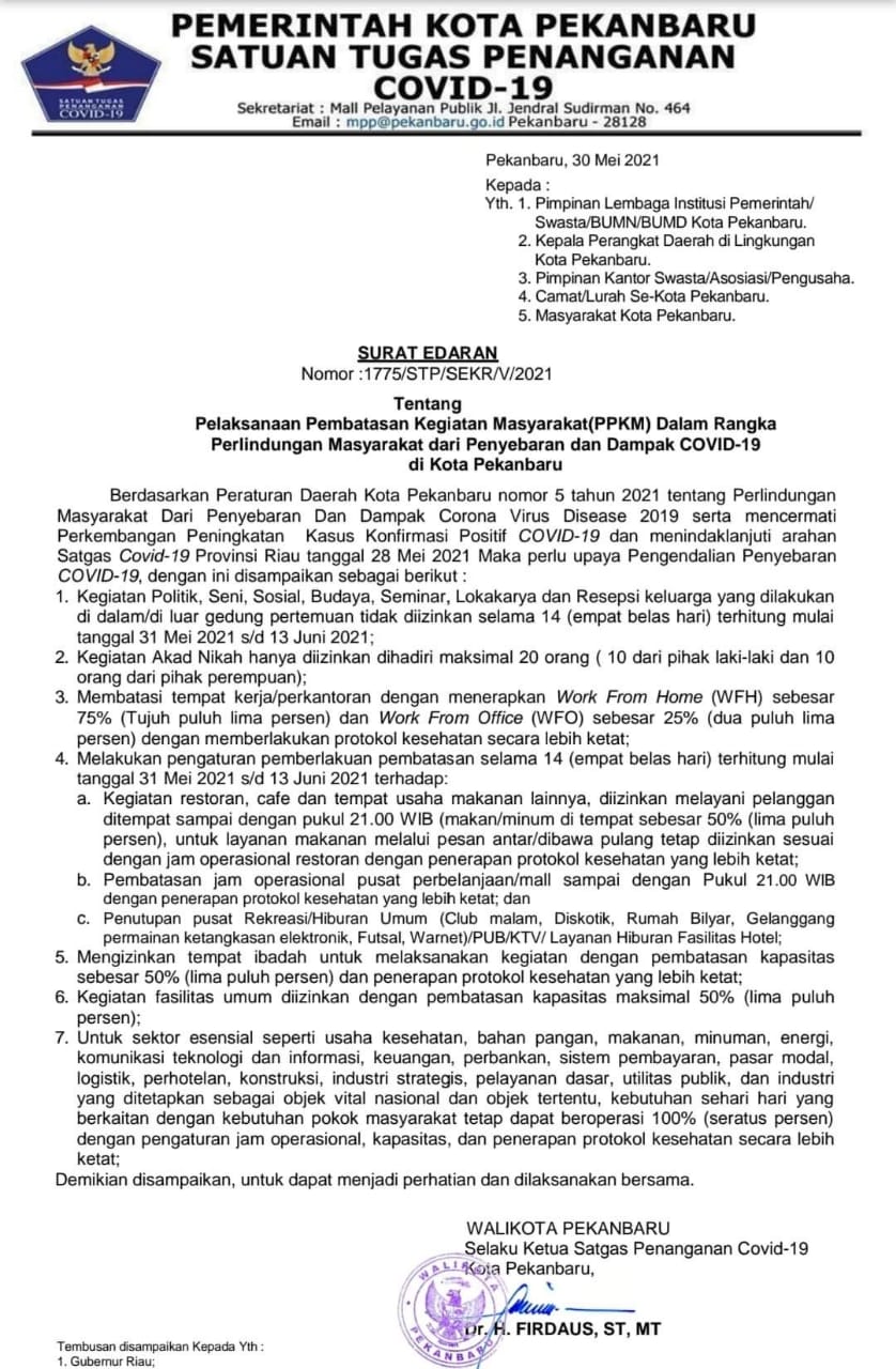 Aktifitas Warga Pekanbaru Kembali Dibatasi, WFH 75 Persen!