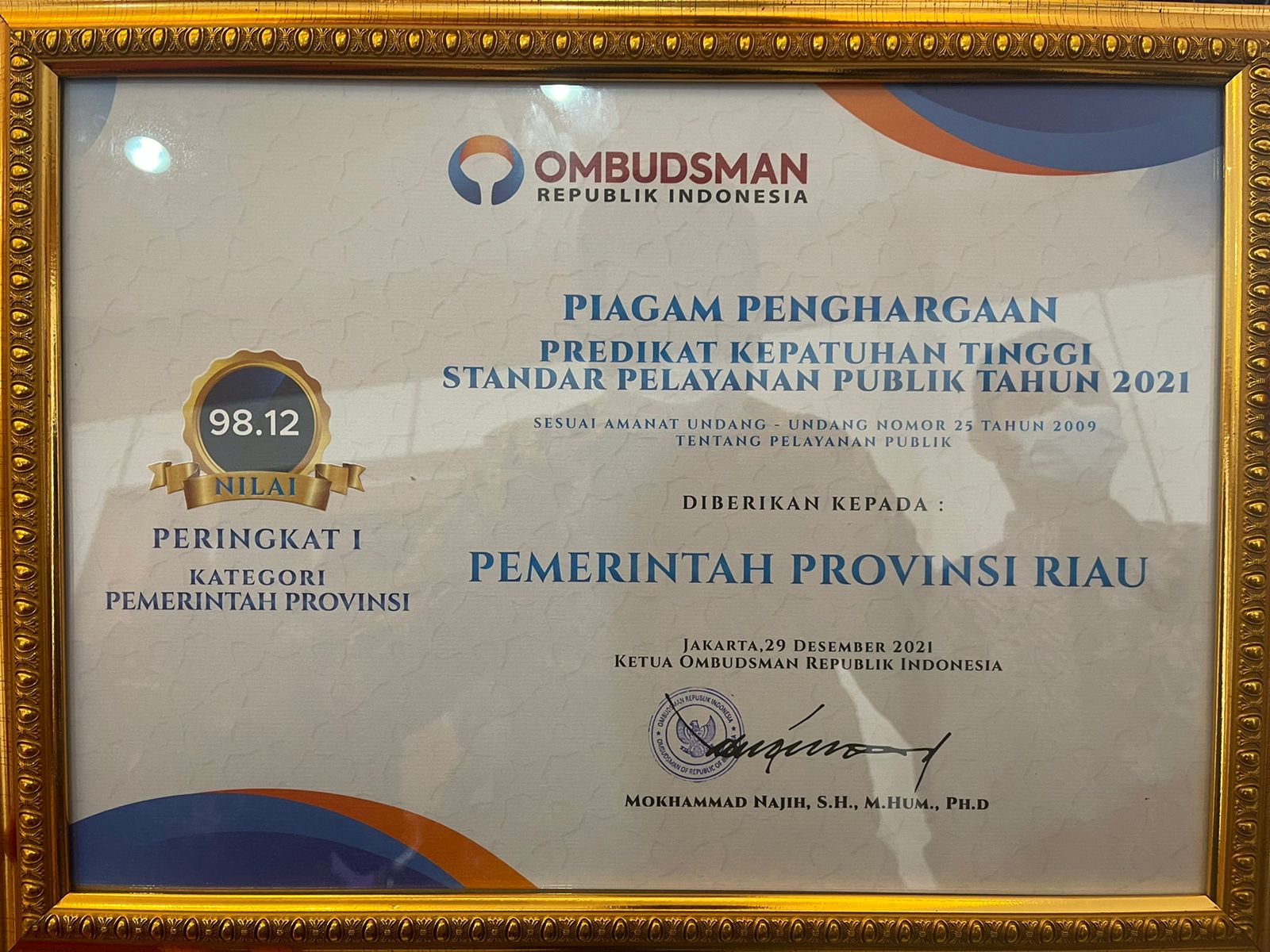 Pemprov Riau Raih Peringkat Pertama Kepatuhan Pelayanan Publik