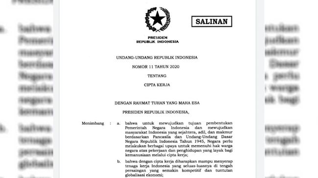 Isi Lengkap, Ini Link Download UU Cipta Kerja atau UU Nomor 11 Tahun 2020